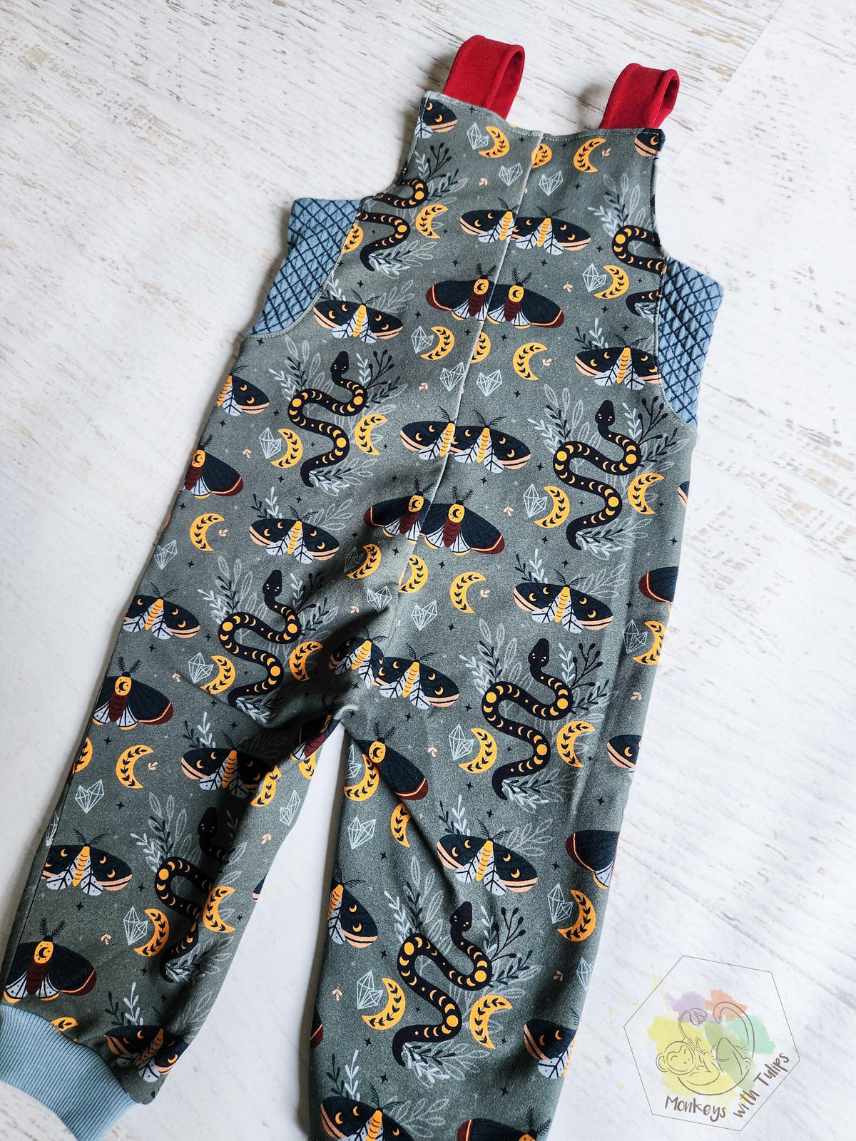 Mystical Forest Critter comfy overalls, size 12/18 month