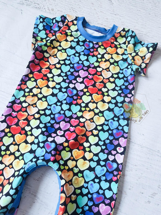 Watercolor Hearts rompaloones, size 9-12 months