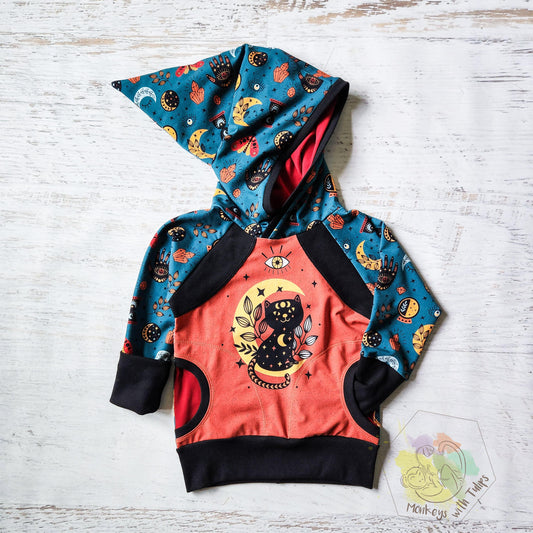 Grow with me black cat hoodie, size 3t-6y