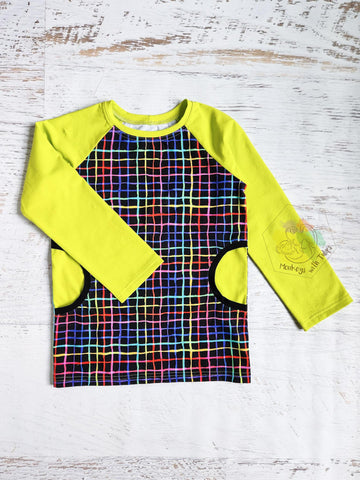 Neon watercolor grid raglan tee, sz 10/12 kids