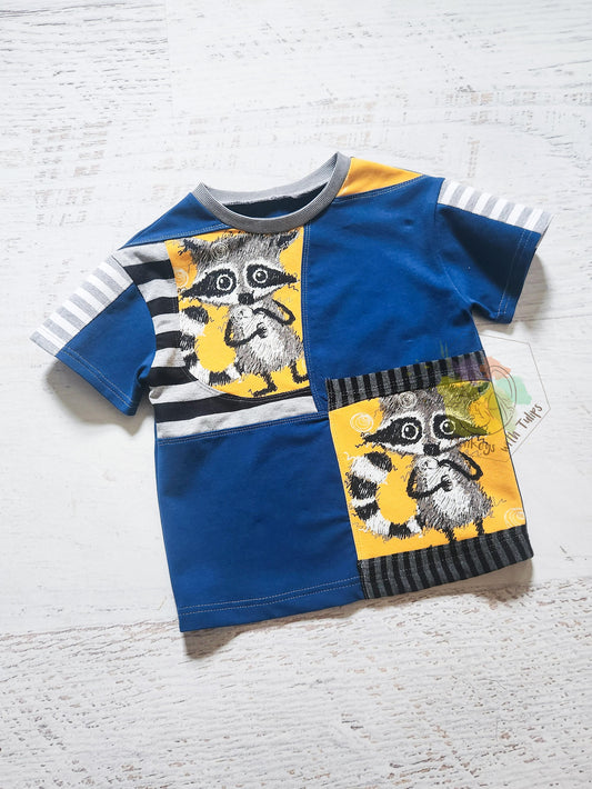 Scrappy Raccoon patchwork tee with pocket, size