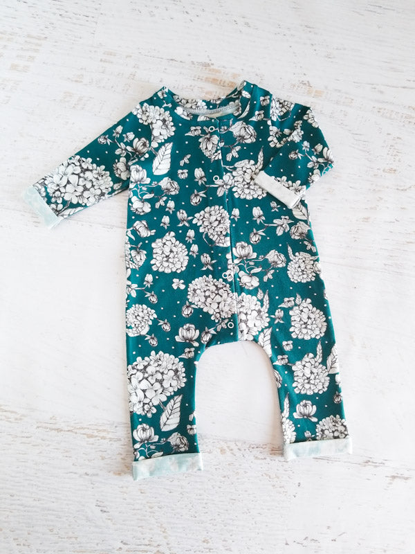 Petrol hydrangea romper, size 0-3 months