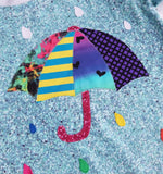 Short sleeve sparkly tee with rainbow umbrella applique, size 4T