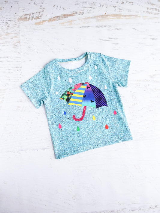 Short sleeve sparkly tee with rainbow umbrella applique, size 4T