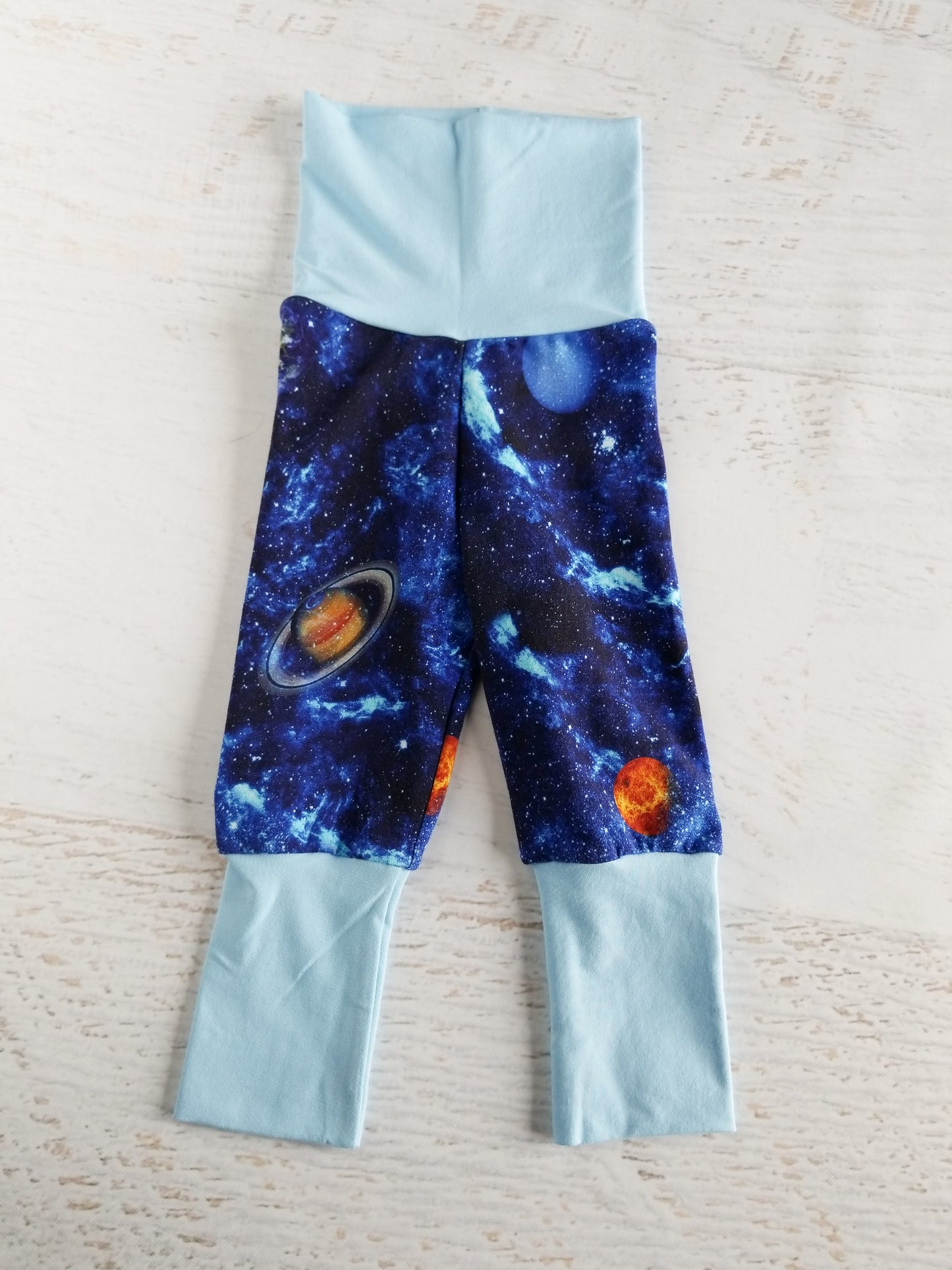 Grow with me joggers, size 1 (NB - 6m), space with light blue