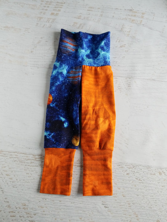 Grow with me joggers, size 1 (NB-6m), galaxy print with orange faux denim