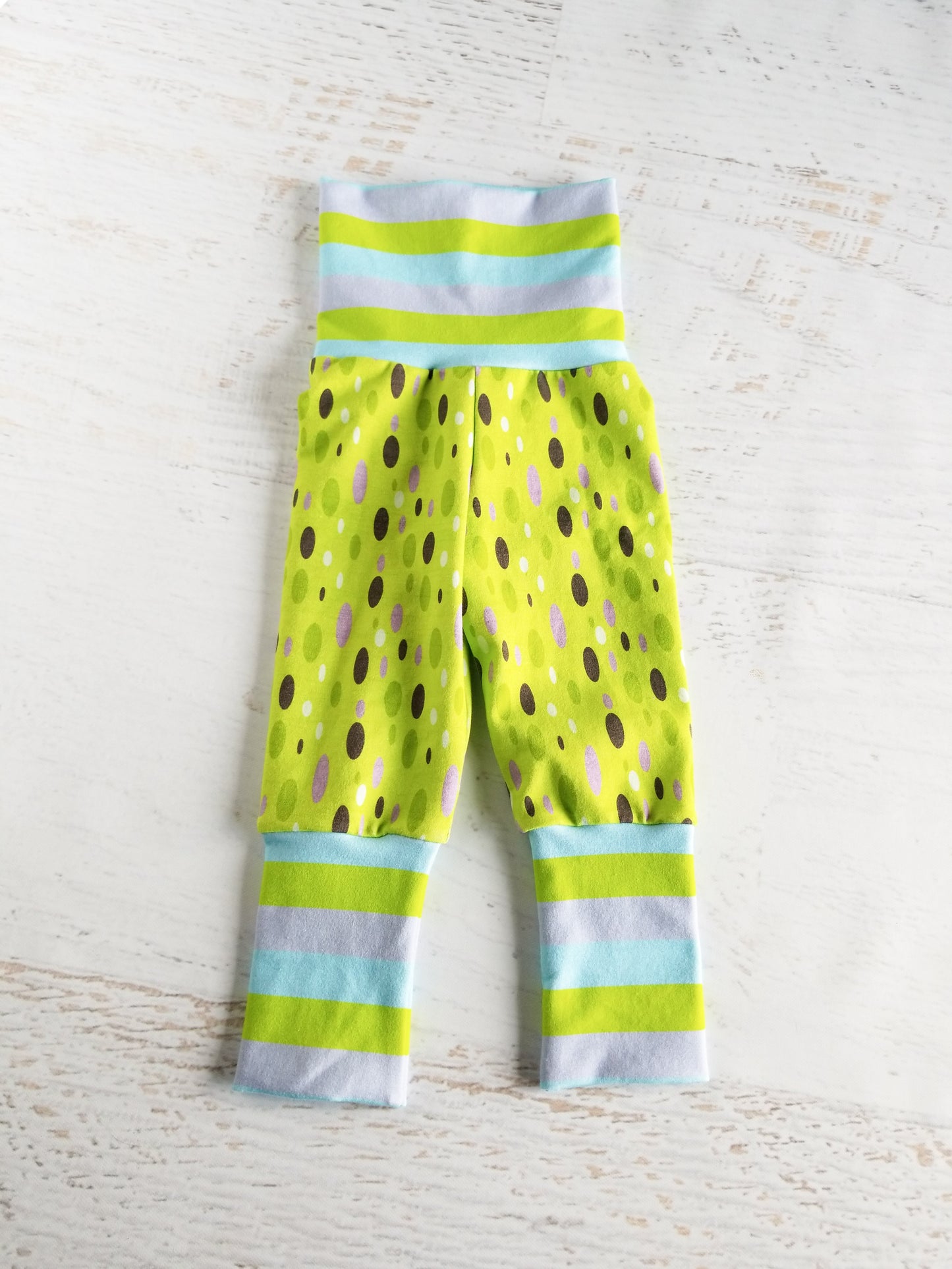 Grow with me joggers, size 1 (NB-6m), dragon spots and stripes