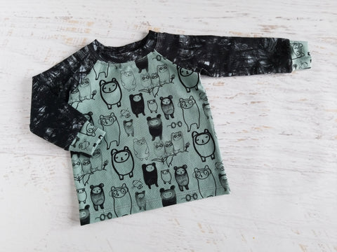 Bear print long sleeve raglan tee, size 9-12 months