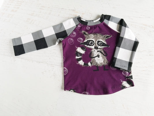 Raccoon + plaid fall raglan tee, size 12/18m