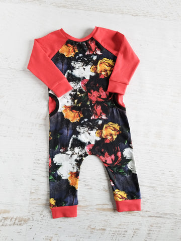 Pull on romper, vintage 'couch' floral, 2T