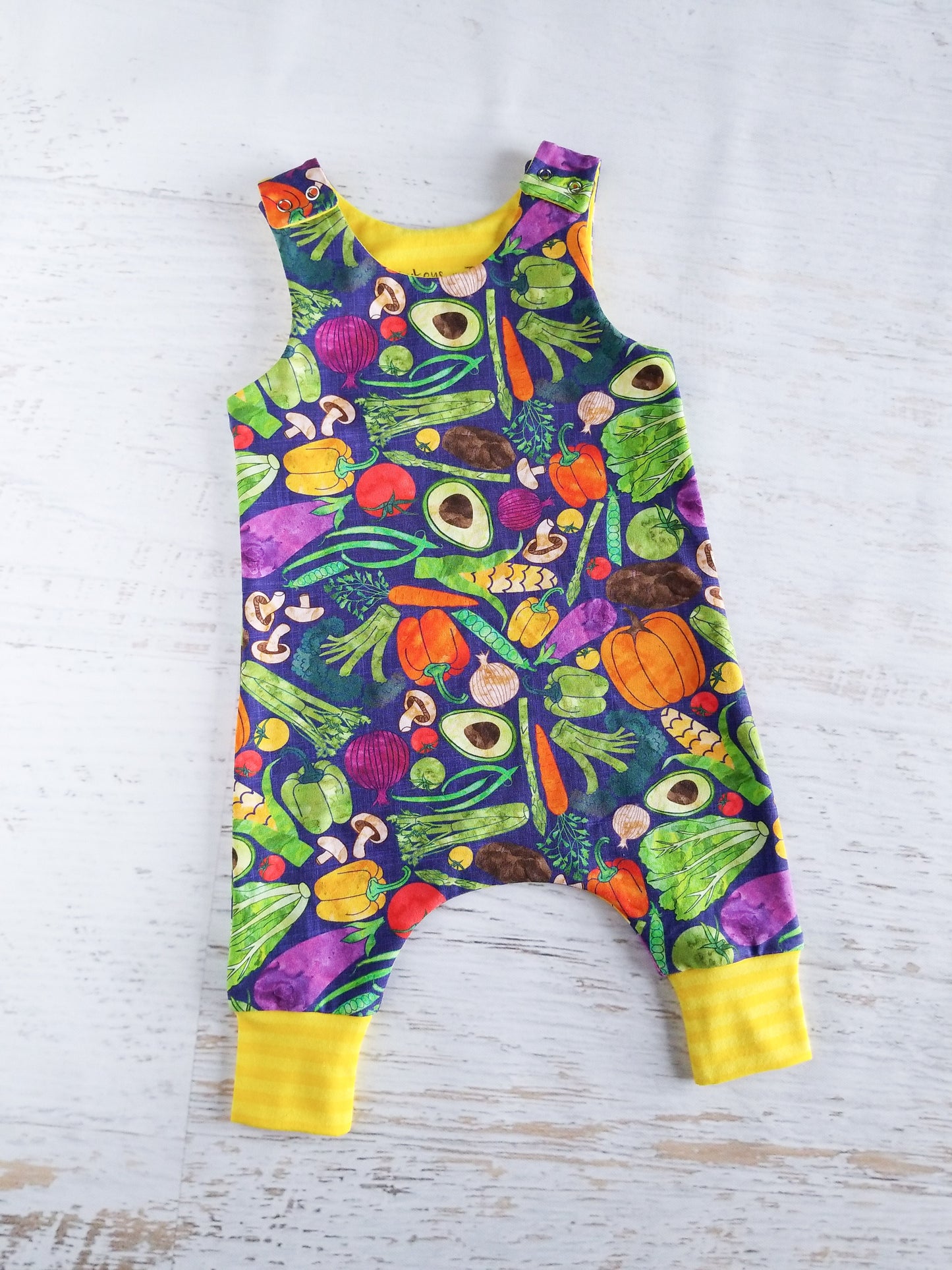 Slouchy romper, watercolor veggies, 0-3 month