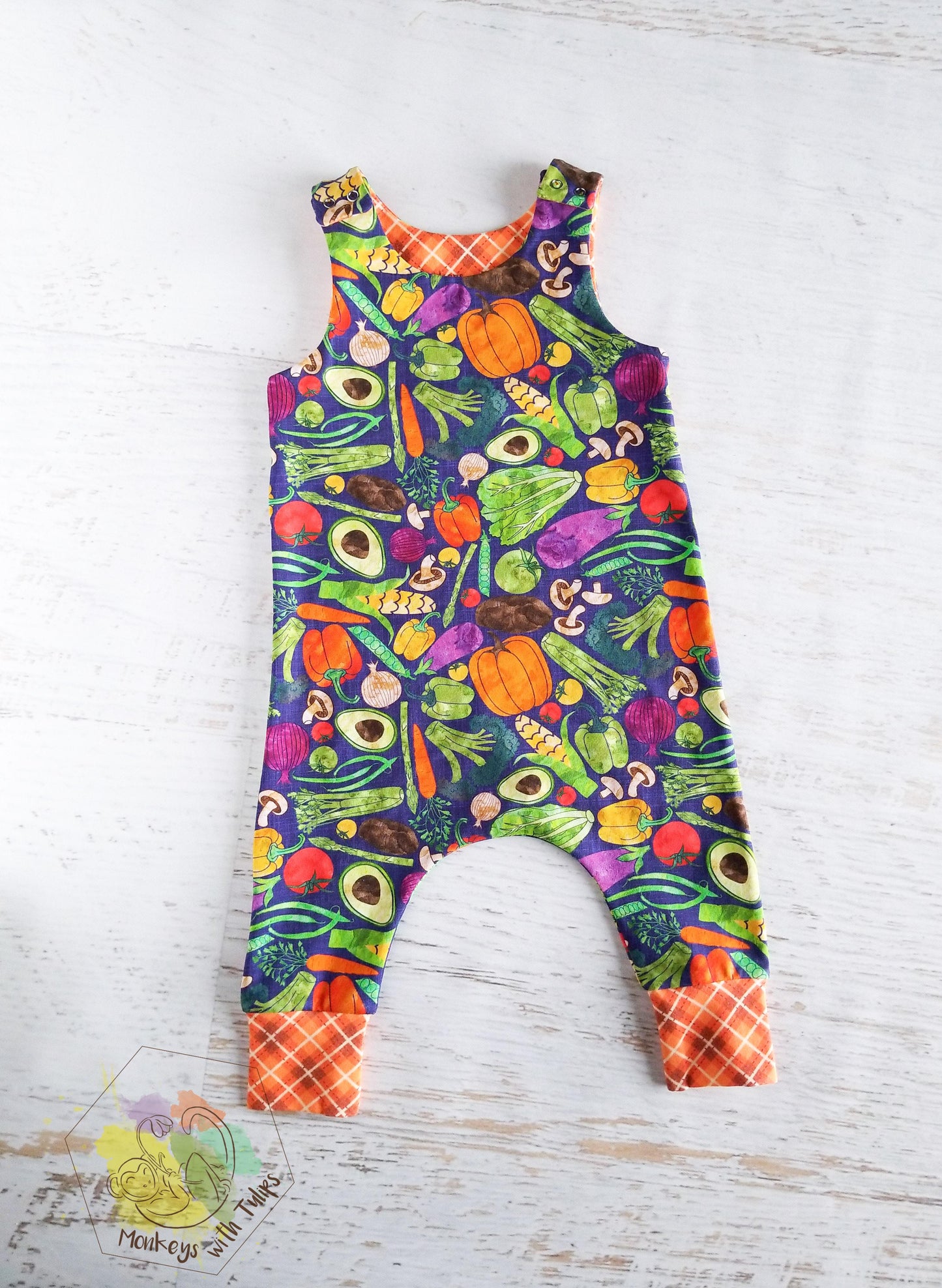 Slouchy romper, watercolor veggies, 6-9 month