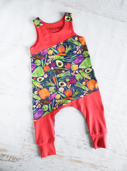 Slouchy romper, watercolor veggies & red colorblocking, 12-18 month