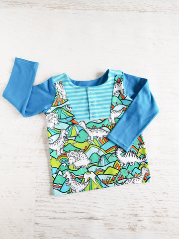 Long sleeve snap front tee Dinos, orange, blue, 12-18m