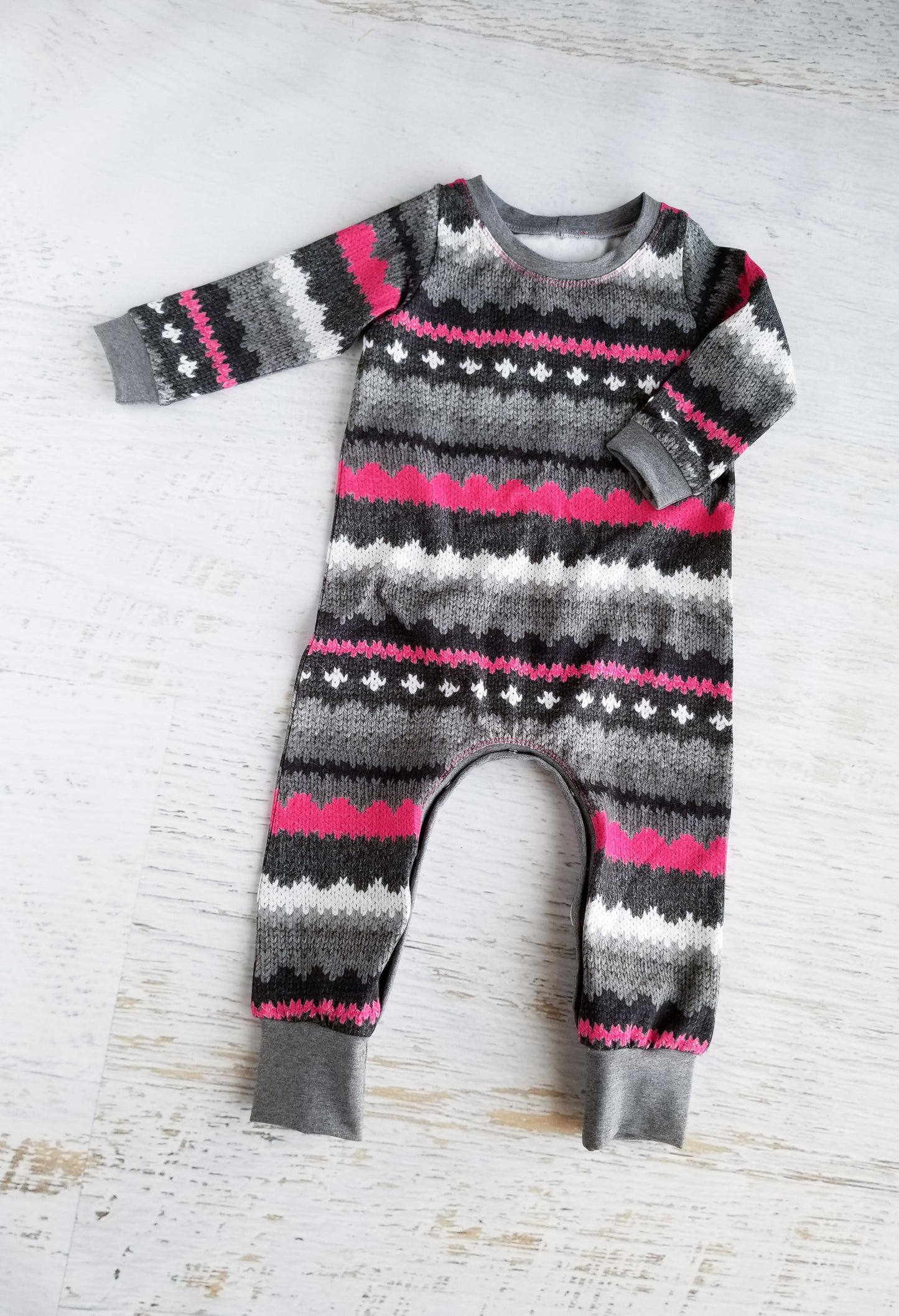 Winter rompers, pink fair isle print, 12 months