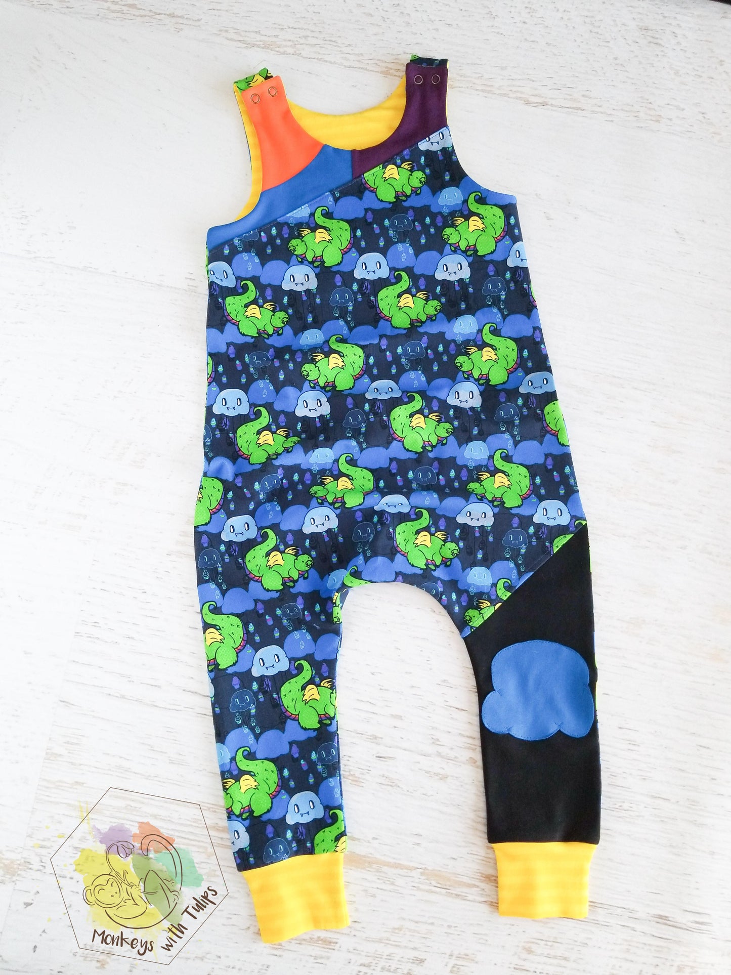 Munch the Dragon slouchy romper, size 2/3T, seconds