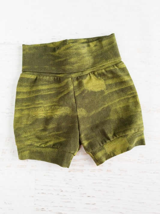 Faux distressed olive shorties, size 12 month