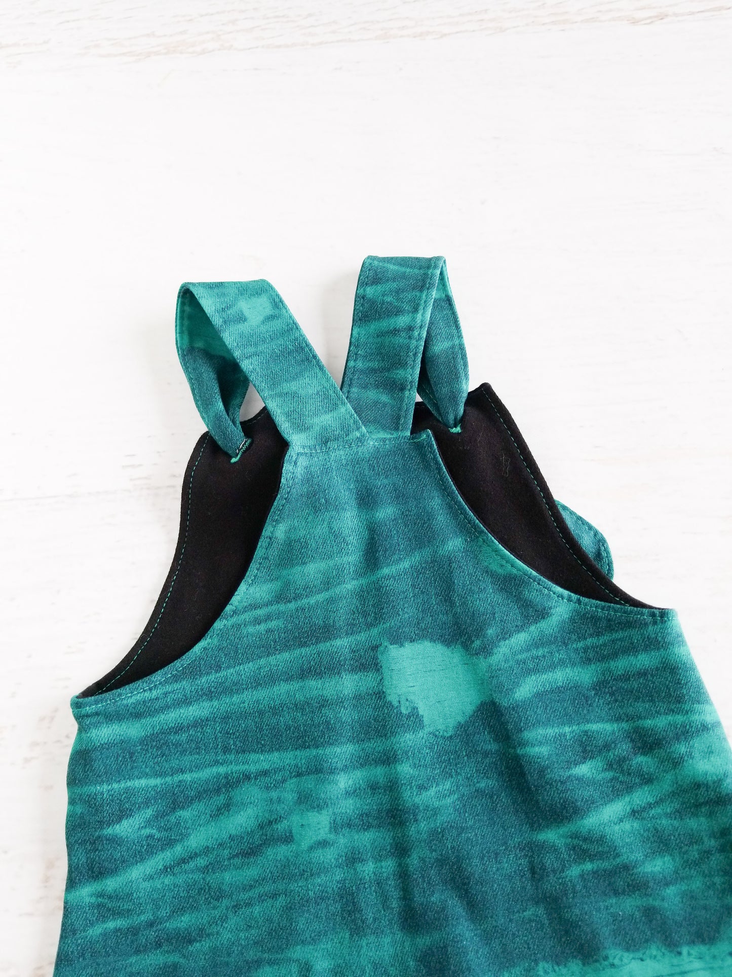 Teal faux distressed short overall romper, 2t, **SECONDS**