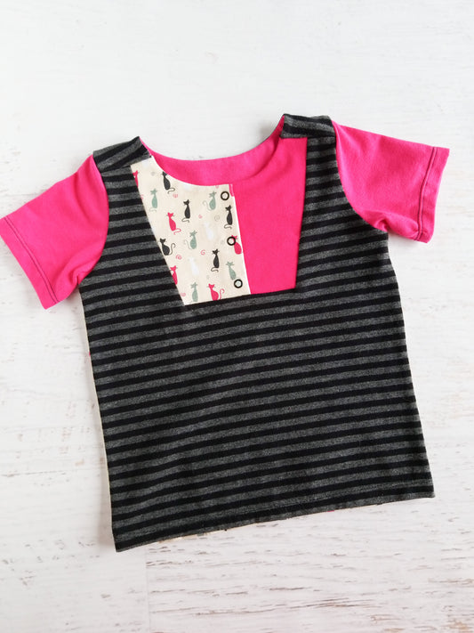 Short sleeve, snap front, kitty & stripes tee, 18 month, **SECONDS**