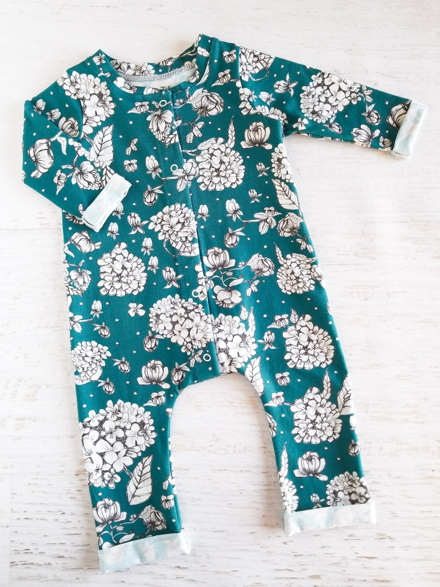 Petrol hydrangea romper, size 0-3 months