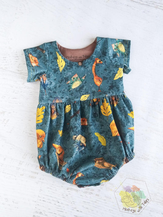 Quirky birds bubble romper, size 12 month