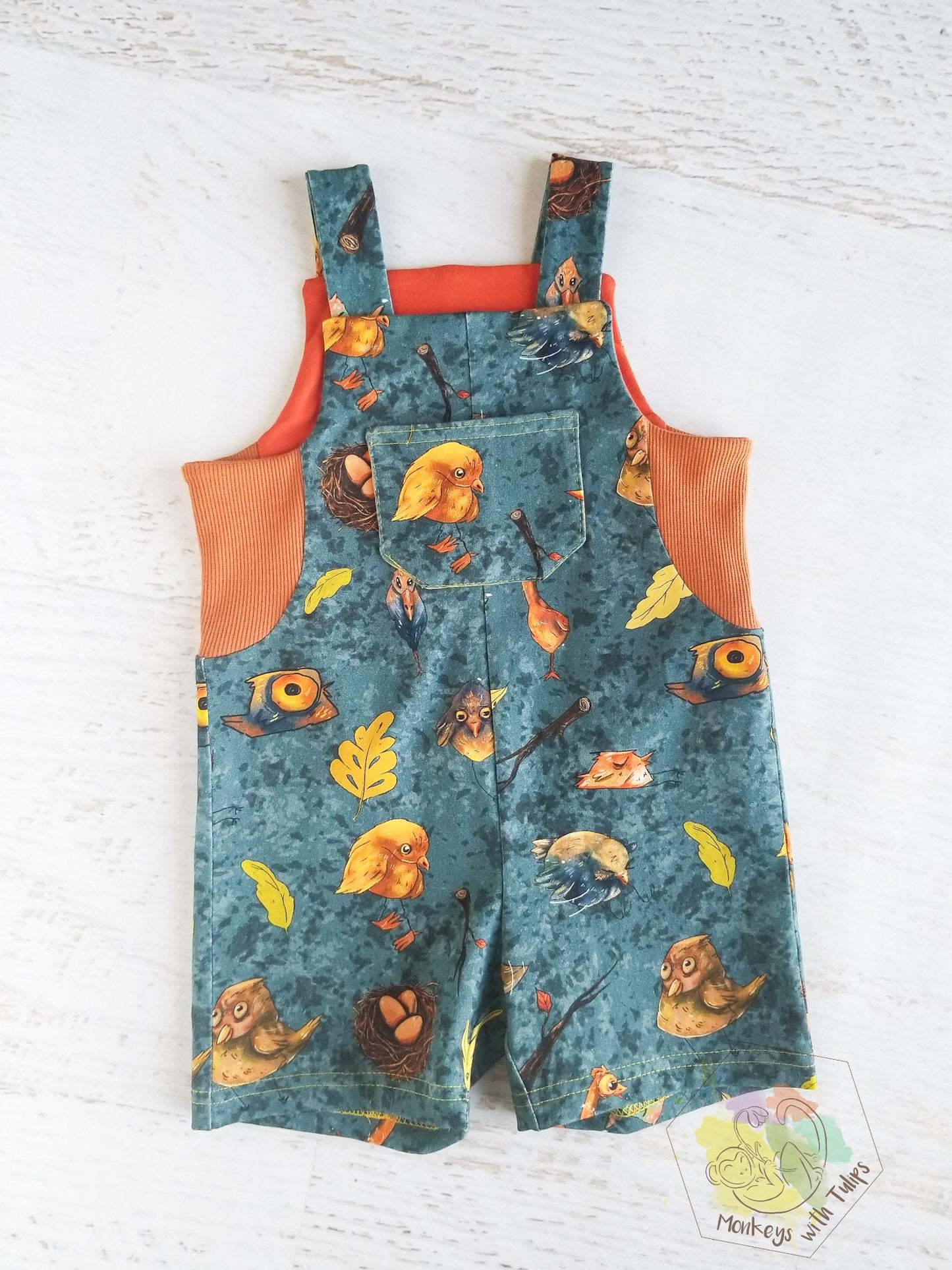 Quirky birds shorts overalls, size 2t