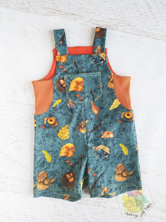 Quirky birds shorts overalls, size 2t