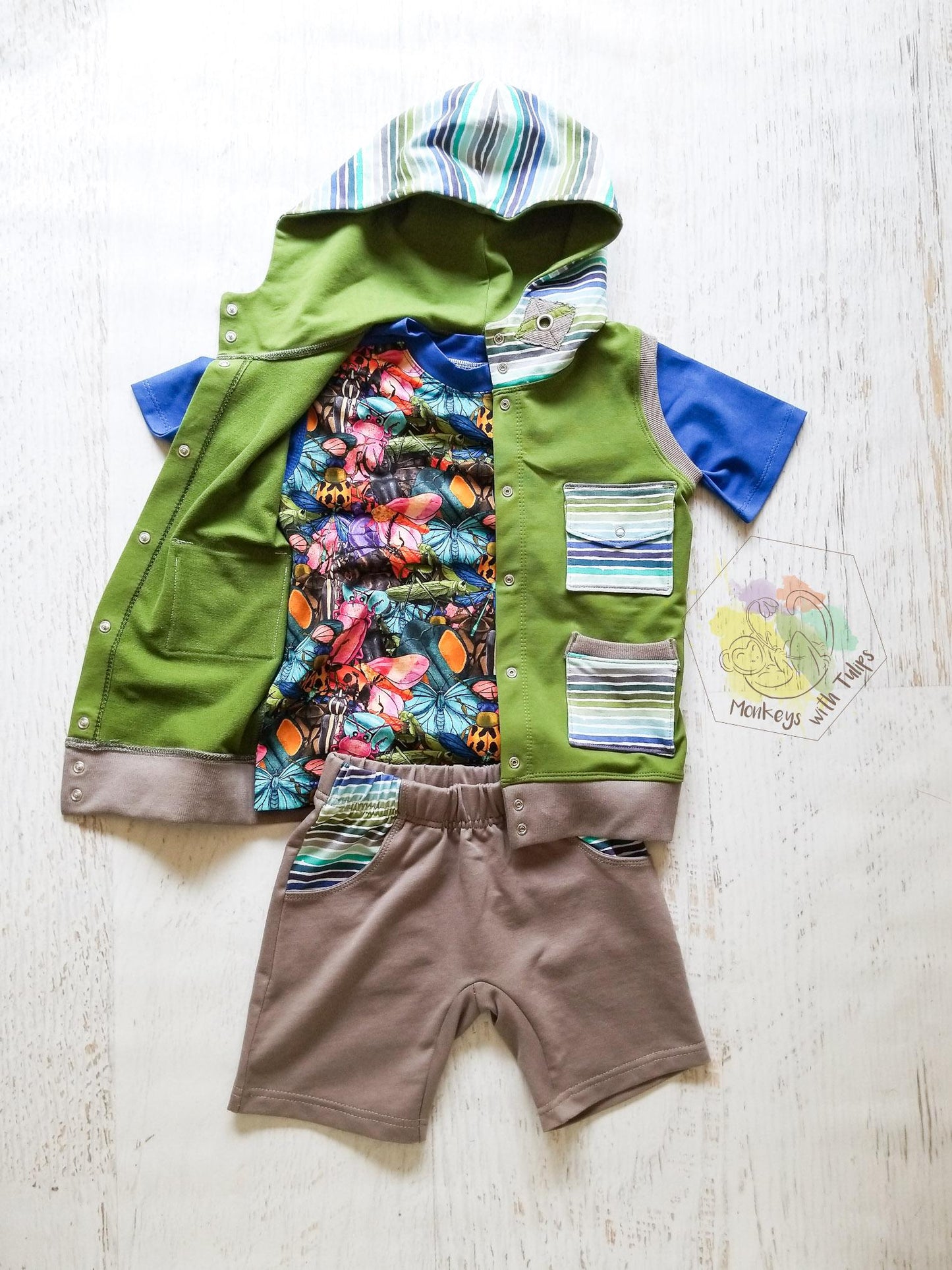 Cactus + cool stripes hooded layering vest, size 4/5t