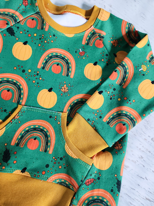 Pumpkins and rainbows edgy raglan, 3/4t.