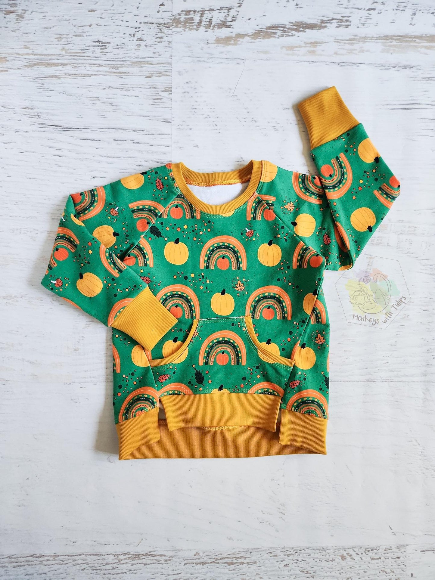 Pumpkins and rainbows edgy raglan, 3/4t.