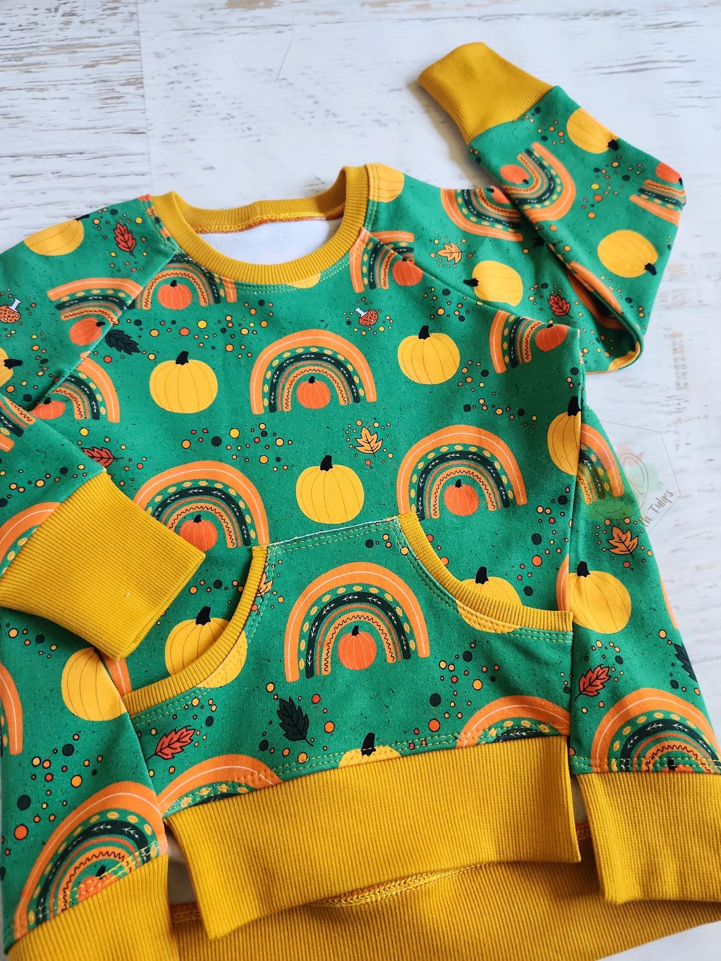 Pumpkins and rainbows edgy raglan, 3/4t.