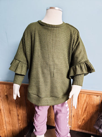 'Olive' flounce sleeve waffle sweater