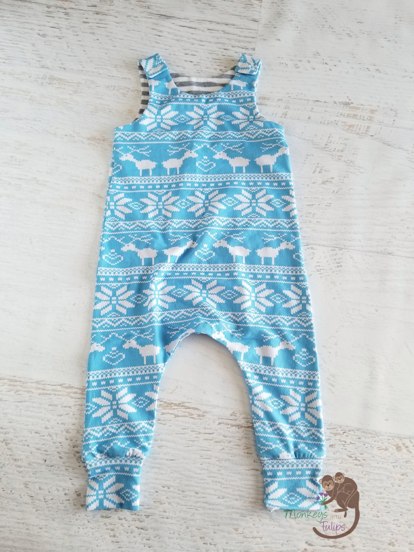 Slouchy romper, reindeer sweater, 12-18 month